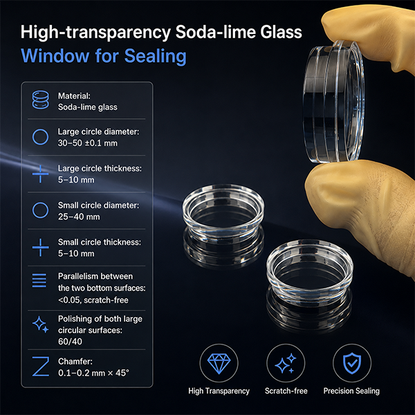 High-transparency soda-lime glass, all surfaces polished, window for sealing