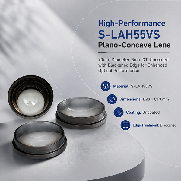 High-Performance S-LAH55VS Plano-Concave Lens – 90mm Diameter, 3mm CT, Uncoated with Blackened Edge for Enhanced Optical Performance